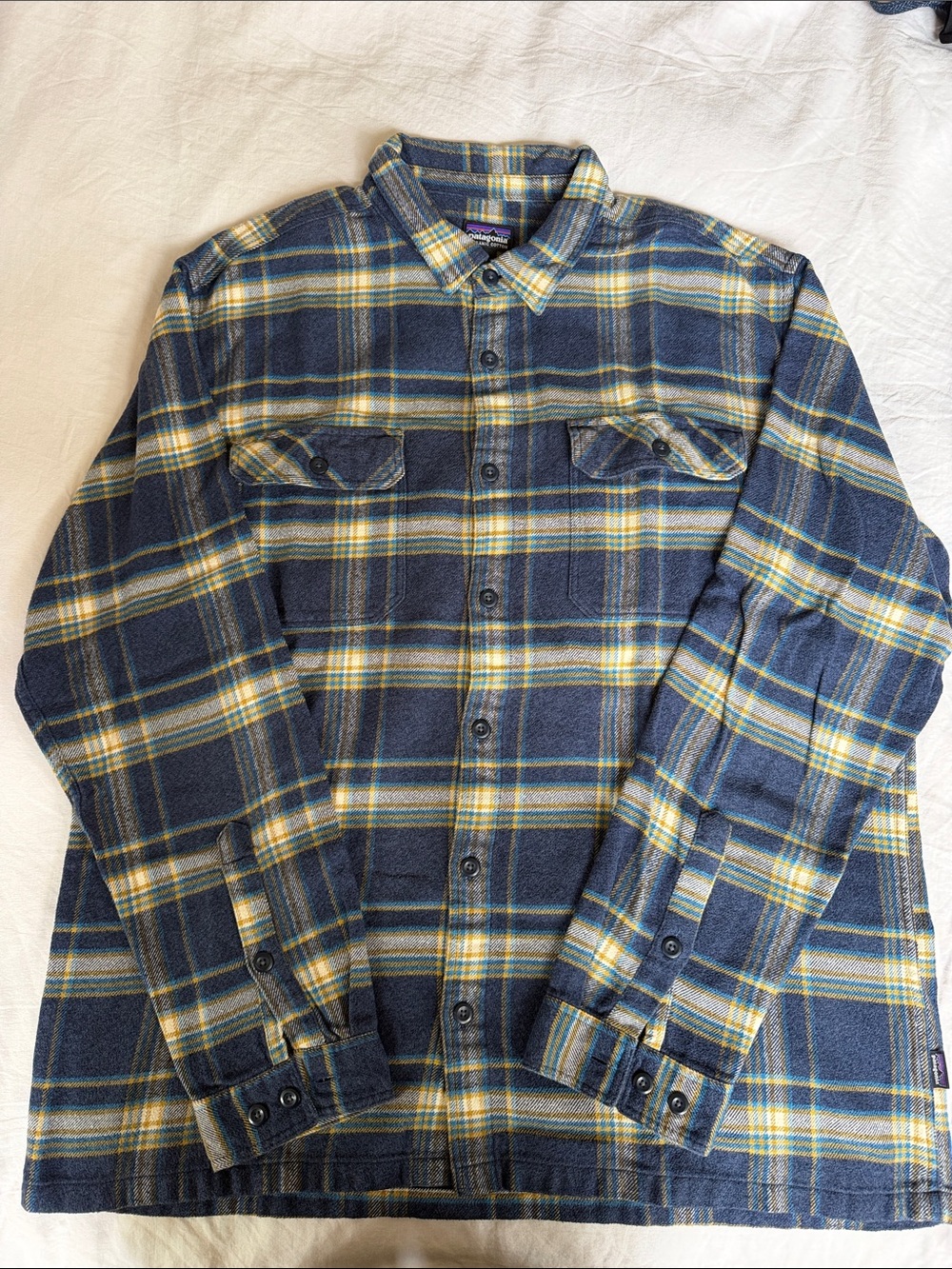 Patagonia Men's Navy and Yellow Plaid Button-Up Shirt